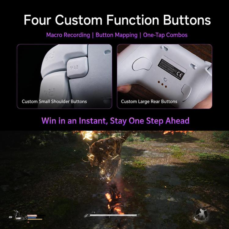 White 8BitDo controller close-ups of custom buttons and rear button area
