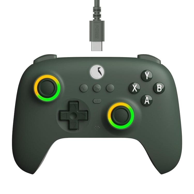 Green wired youth gaming controller with glowing RGB thumbstick rings and buttons