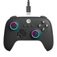 Black wired gaming controller with purple and blue glowing RGB thumbstick rings