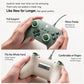 Hands holding green wired gaming controller with glowing RGB thumbstick rings