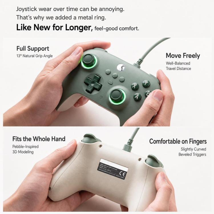 Hands holding green wired gaming controller with glowing RGB thumbstick rings