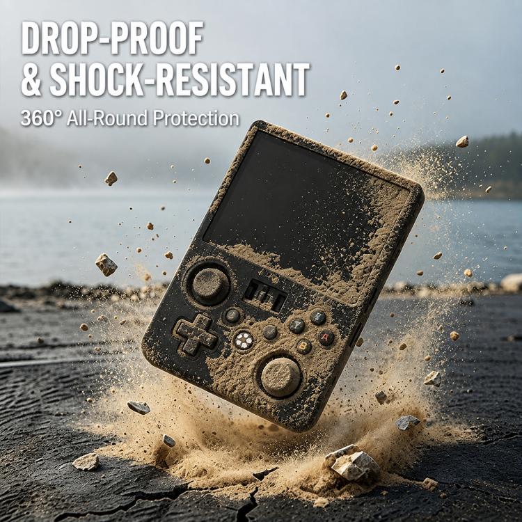 Black silicone protective case for handheld console with shock-impact splash