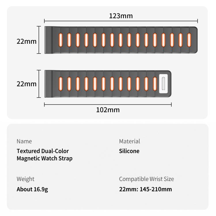 Horizontal Stripes Two Color Magnetic Silicone Watch Band, 22mm