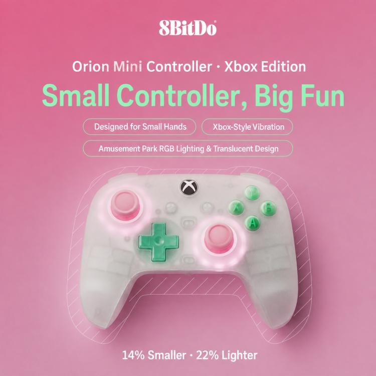 Translucent white mini wired gaming controller with colorful RGB button lights