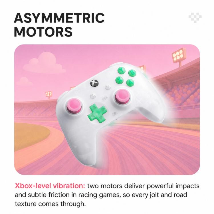 Translucent white wired gaming controller with green D-pad and RGB-lit buttons