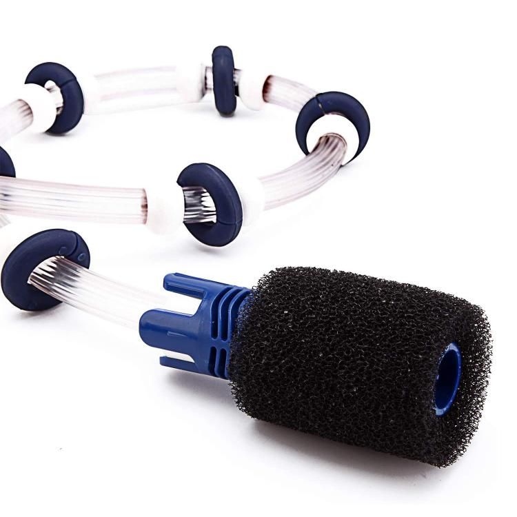 Black foam scrubber rollers with blue holders and white brush hoses