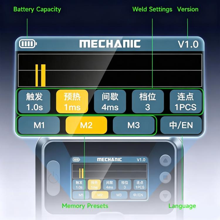 MECHANIC spot welder control screen with selectable weld settings and memory presets