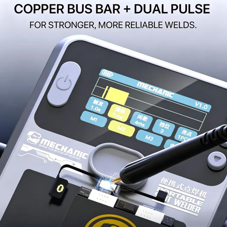 Spot welder control panel with two welding clamps attached near the electrode tips