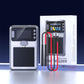 Portable spot welder with dual cable leads, shown with box and device front view
