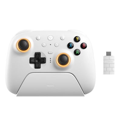 White wireless gamepad with charging stand, showing ABXY face buttons and triggers