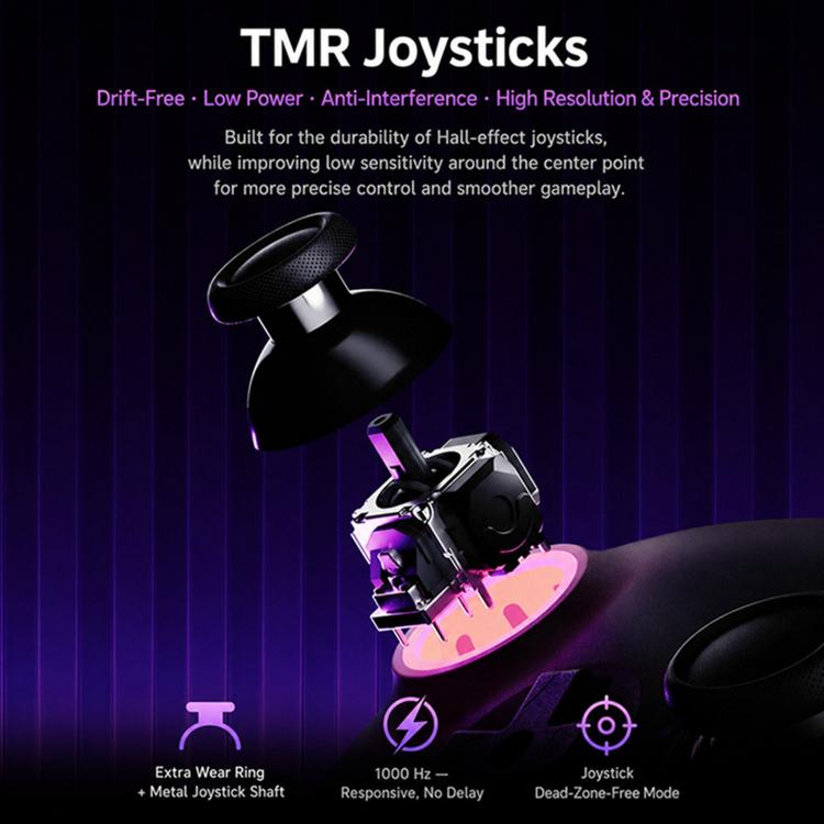 Black wireless gamepad with visible joystick and triggers, hanging promotional view