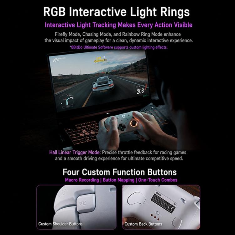 White wireless gamepad with interactive light rings highlighted around joysticks