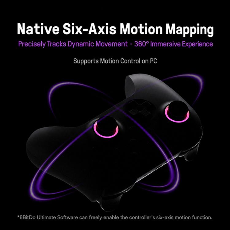 Black gamepad with glowing circular motion indicators around the controller