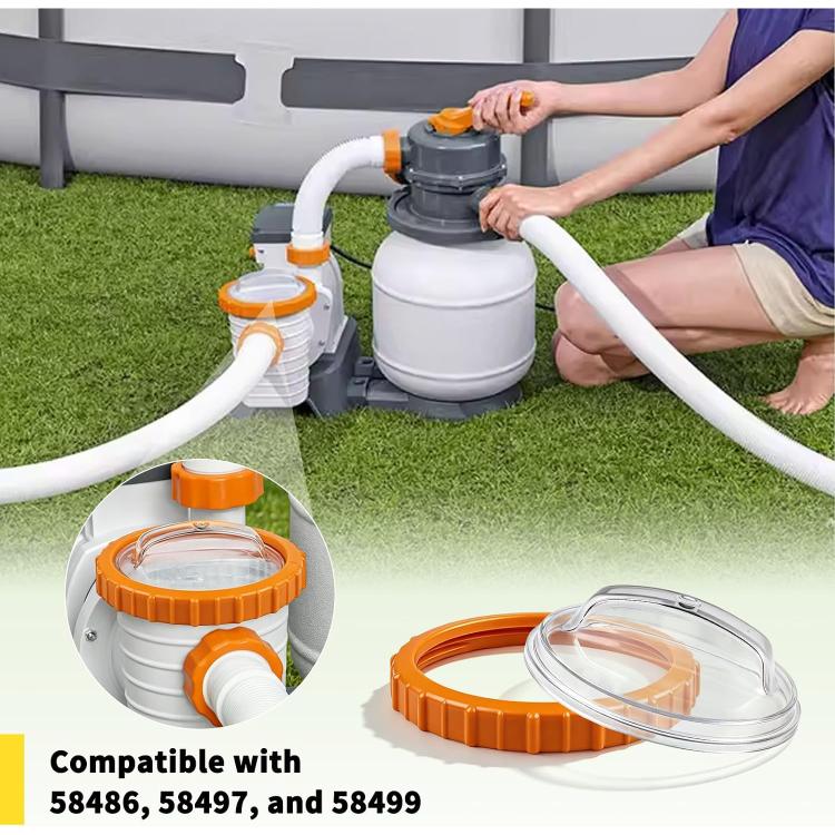 Sand filter top cover: orange nut cap with clear dome cover installed