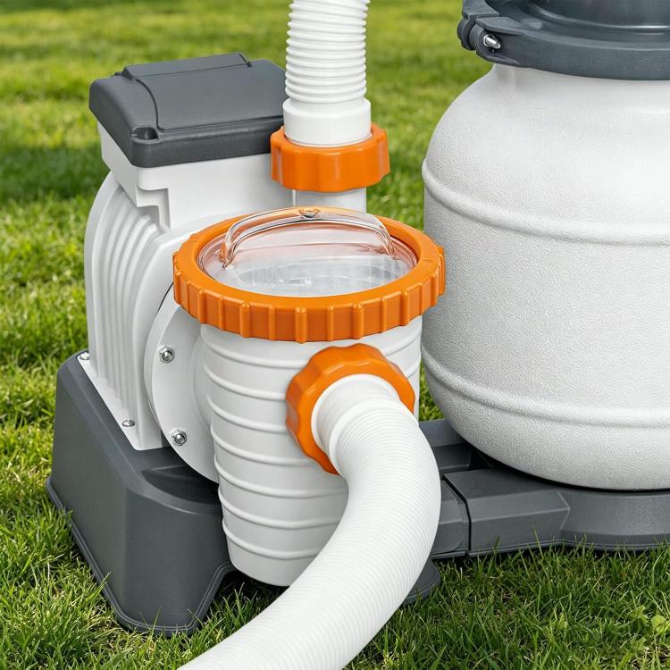 Installed sand filter nut cap with clear cover on pool pump housing
