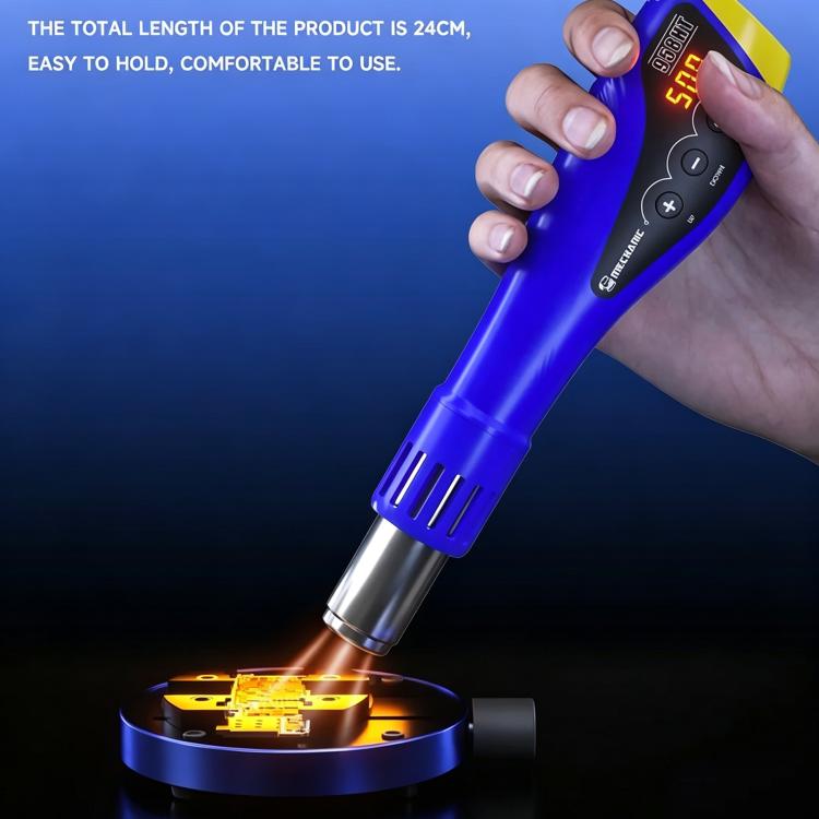 Hot air gun held in hand with digital display, blue handle, and metal nozzle