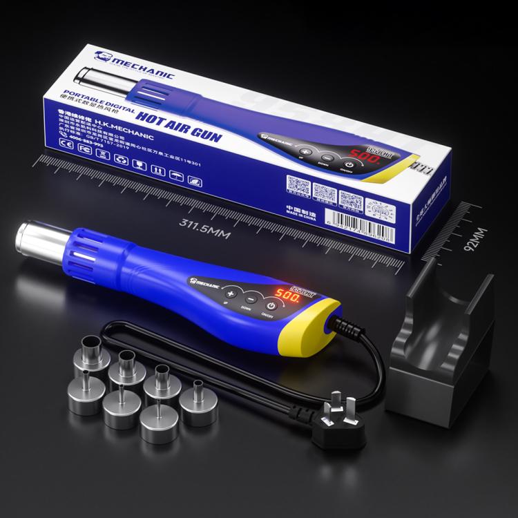 MECHANIC hot air gun kit with blue handle, metal nozzle, attachments, and power cord