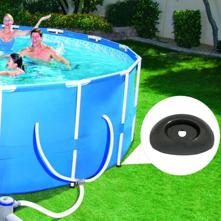 Black plastic pool base support feet with central hole, shown next to a large pool.