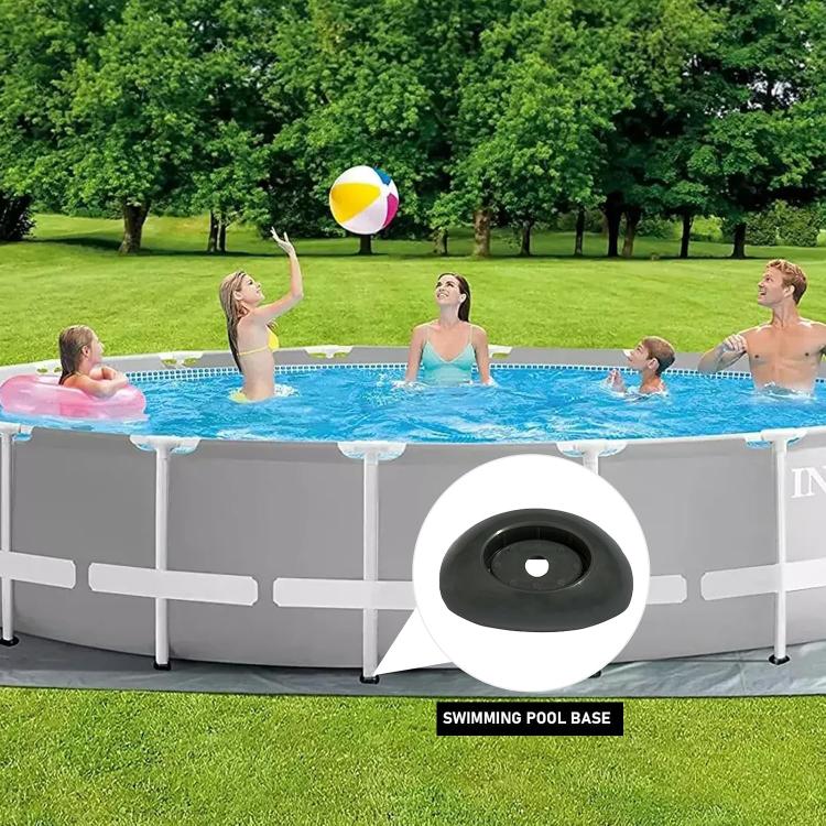 Black plastic pool base support foot on a gray above-ground swimming pool base frame.