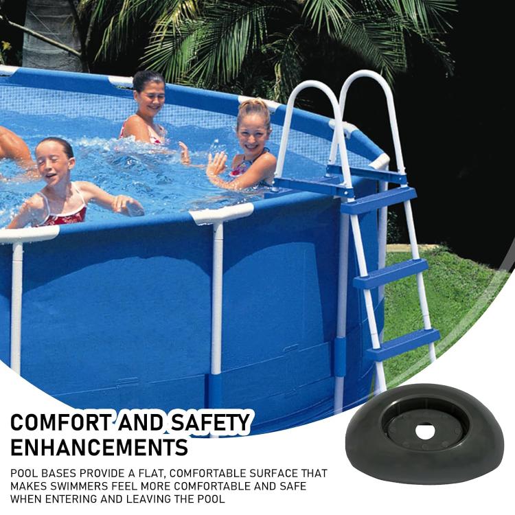 Black oval plastic pool base support foot placed near a blue above-ground pool ladder.