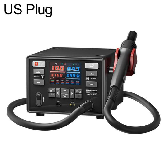 Curved hot air gun station with black control unit, US plug, and dual cables