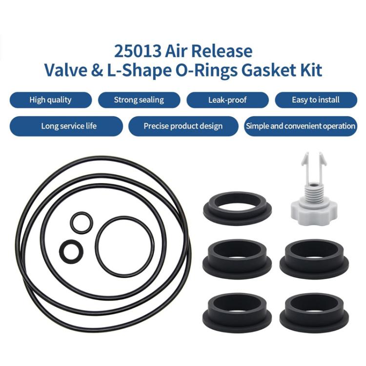 Air release valve gasket kit with black ring washers, O-rings, coiled tubing, and white valve cap