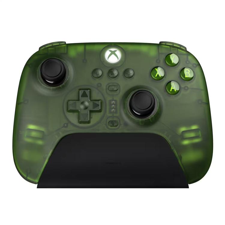 Green transparent wireless game controller front view with dual thumbsticks and face buttons
