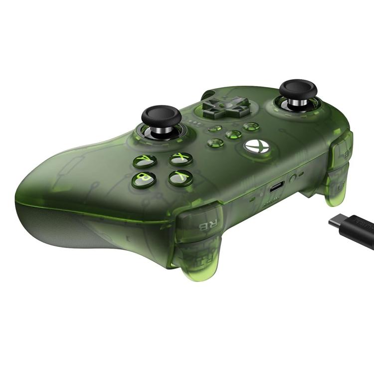 Green wireless game controller angled view with dual thumbsticks and face buttons