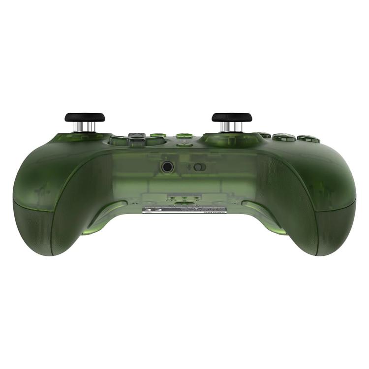 Green wireless game controller side view with trigger grips and back ports