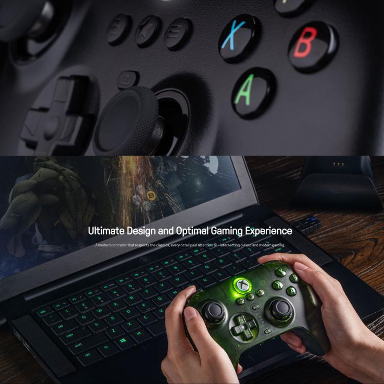 Black and green wireless game controller close-up of buttons and thumbsticks