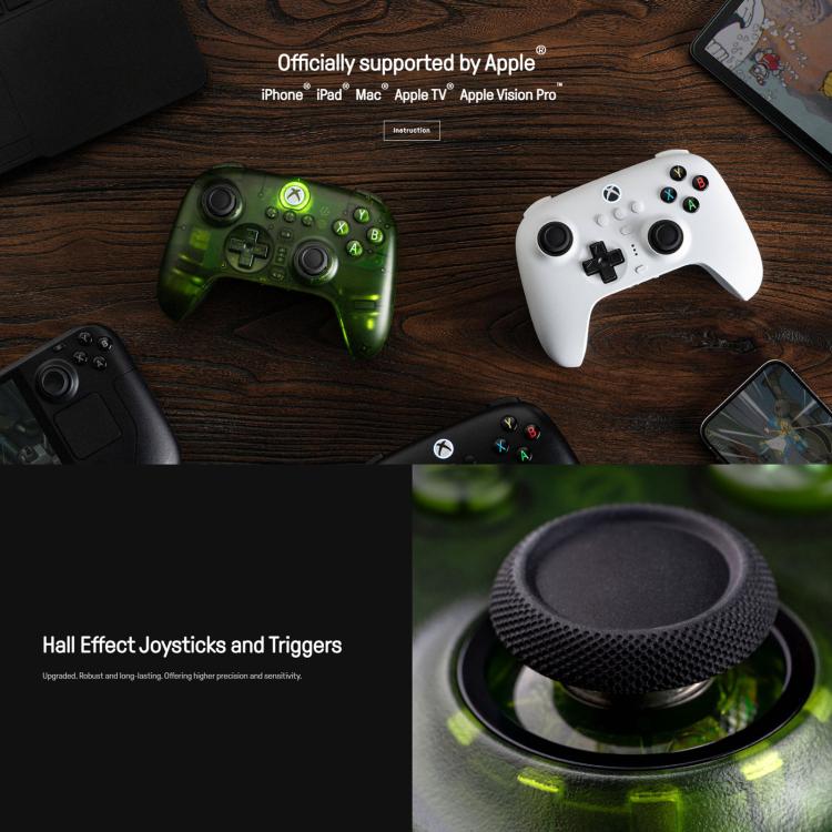 Green transparent wireless game controller with dual thumbsticks and face buttons