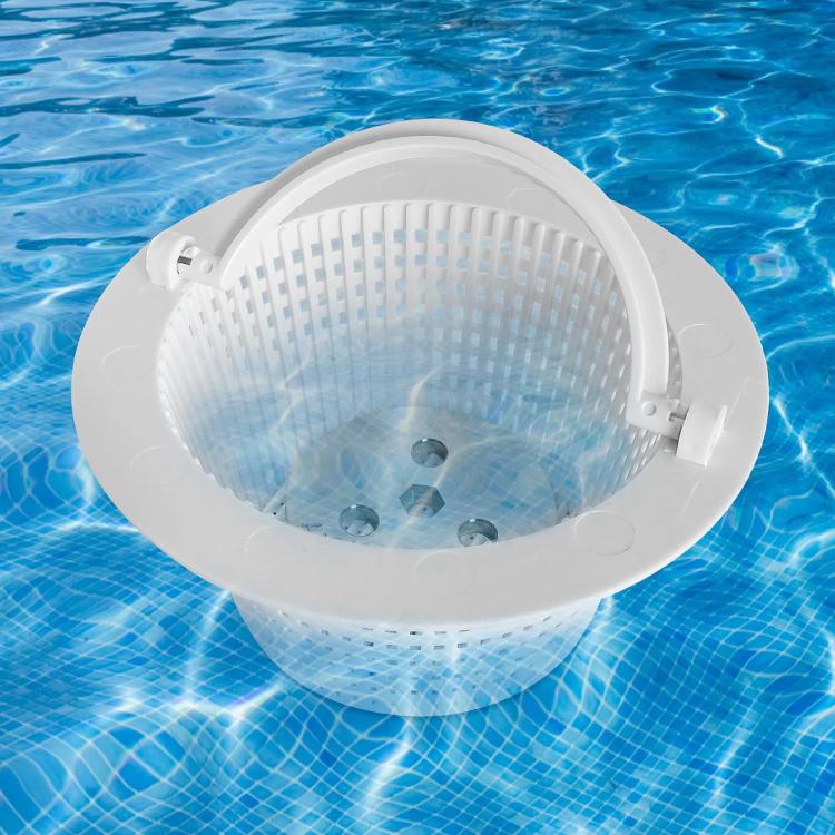Zinc anode weight block plate installed in skimmer basket, round metal disk with holes
