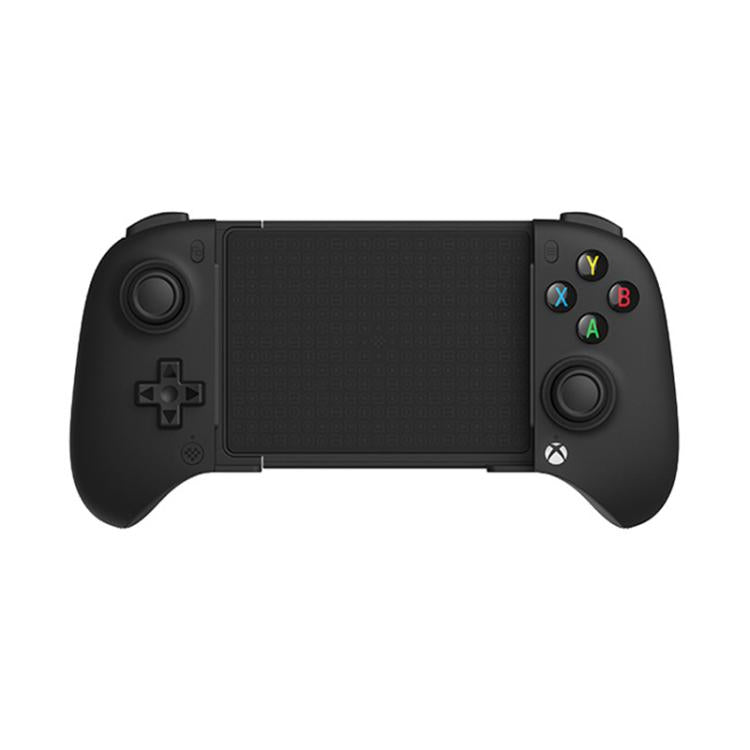 Black mobile game controller with dual joysticks and ABXY button cluster on screen holder