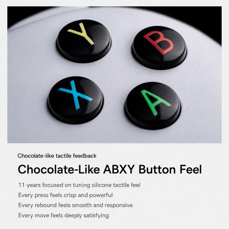 Set of colored ABXY buttons on a white mobile game controller face