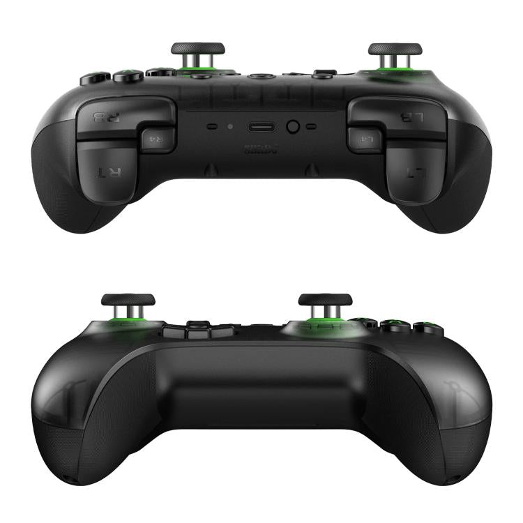 8BitDo Orion Youth wireless controller angled top view with green joystick caps