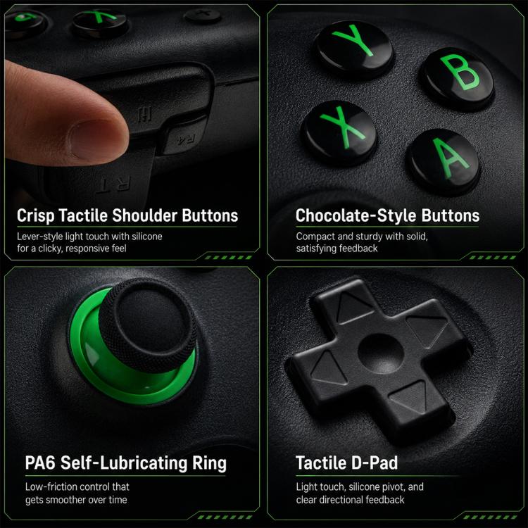 8BitDo Orion Youth controller close-up of ABXY buttons, D-pad, and joystick rings