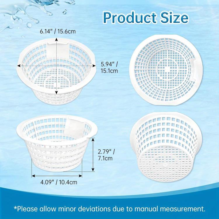 Set of white skimmer filter baskets shown in multiple sizes with mesh grid openings