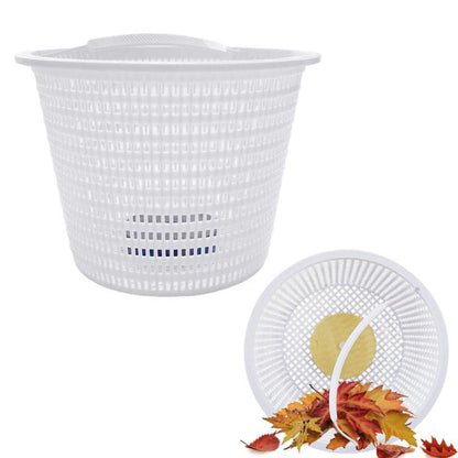 White pool skimmer replacement basket with perforated sides and mesh bottom strainer