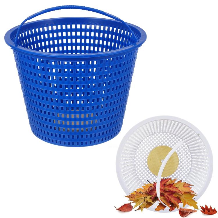 Blue pool skimmer replacement basket with perforated sides and mesh bottom strainer