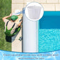 White pool skimmer replacement basket inset above a blue pool with poolside cleaning