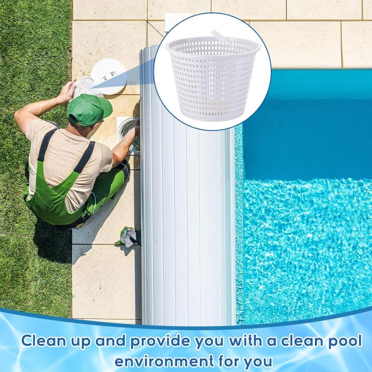 White pool skimmer replacement basket inset above a blue pool with poolside cleaning