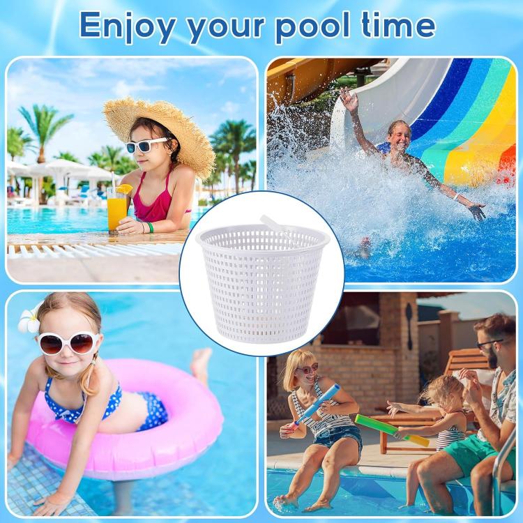 White pool skimmer replacement basket centered on a collage of pool activities