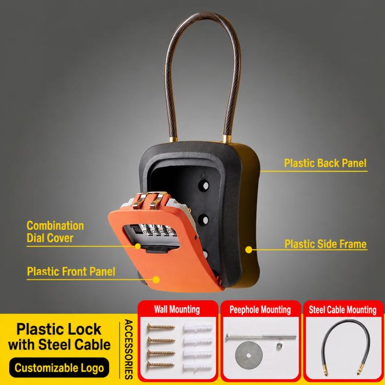 Wall-Mount Key Storage Box Combination Lock with Steel Cable & Plastic Lock Body