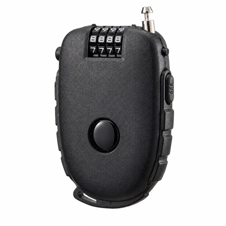 Black helmet lock with 4-digit combination dial and retractable cable head