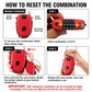 Red helmet lock with 4-digit combination dial and retractable cable