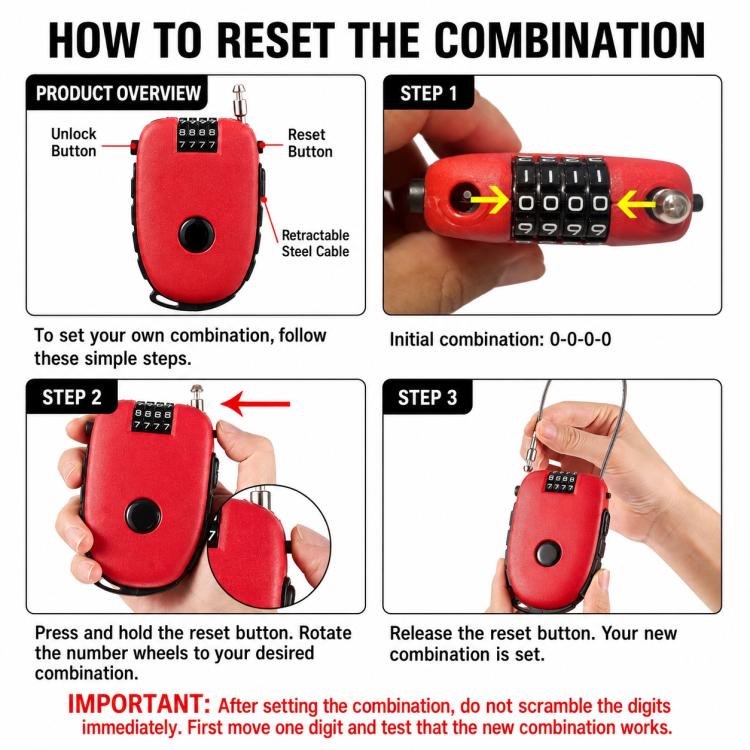 Red helmet lock with 4-digit combination dial and retractable cable