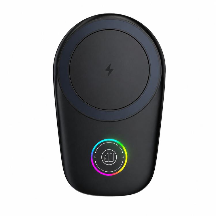 Black magnetic wireless charging car mount with circular top and RGB status light