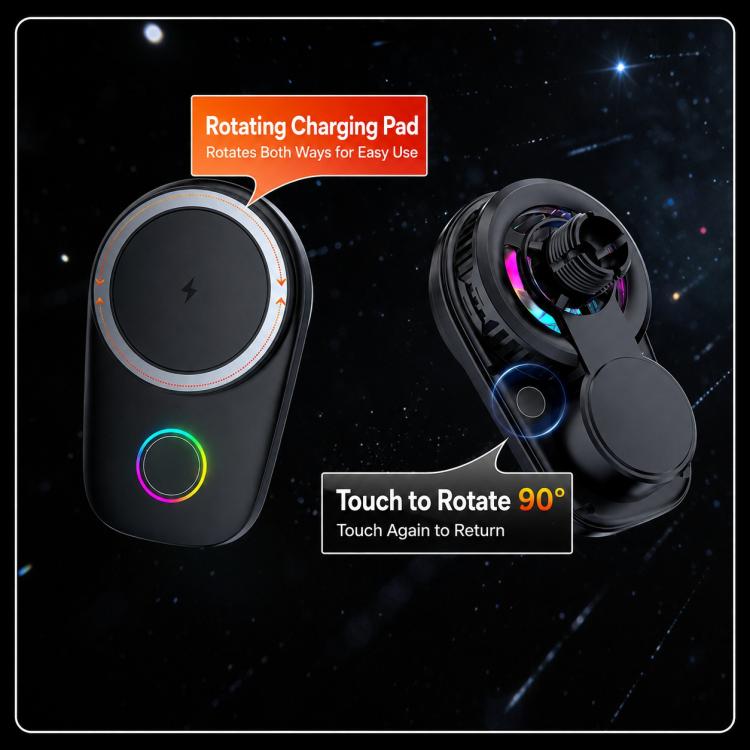 Rotating wireless charging pad car mount, black base with glowing RGB ring