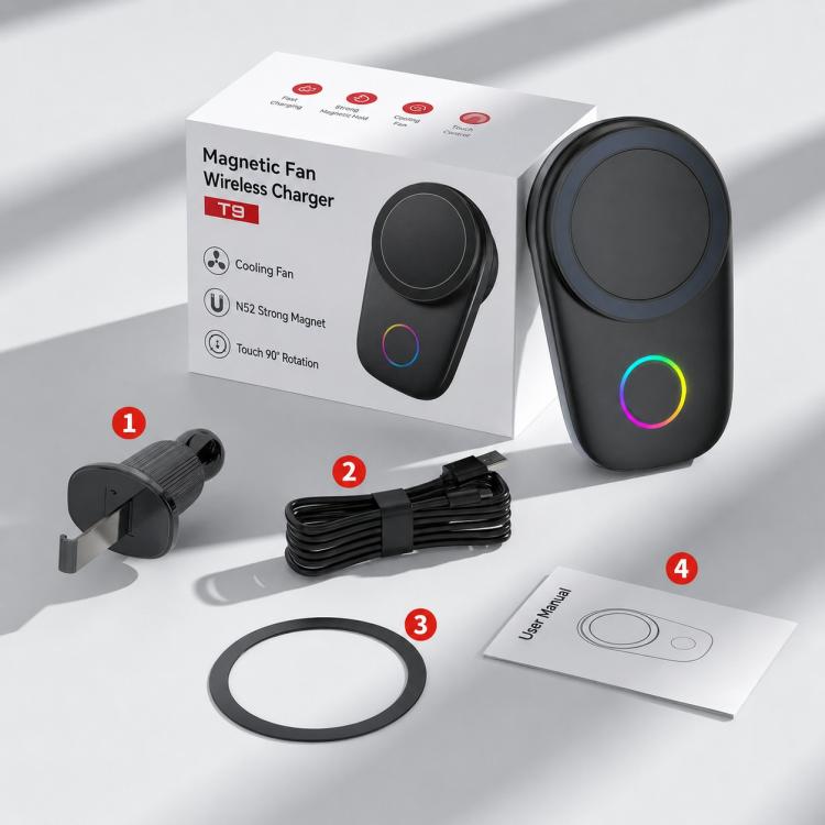 Magnetic wireless car charger mount kit, black fan-cooled base with RGB ring
