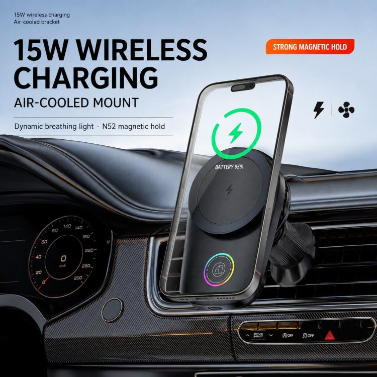 Black wireless car charging mount holding a phone on a vent console, with RGB ring